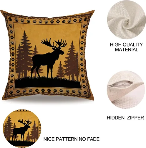 Vista 5 de Juego de 4 fundas de almohada rústicas de vida silvestre de 18 x 18 pulgadas, fundas de almohada decorativas de alce, oso, lobo, cabaña, fundas