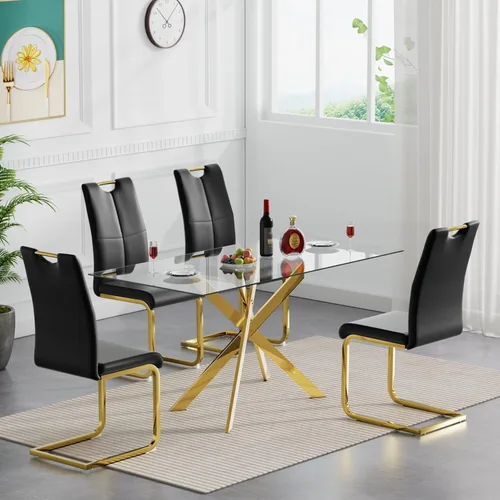 Vista 11 de Juego de mesa de comedor de cristal de lujo de 36 pulgadas para 2, mesa de comedor redonda moderna de 3 piezas con 2 sillas de comedor de cuero