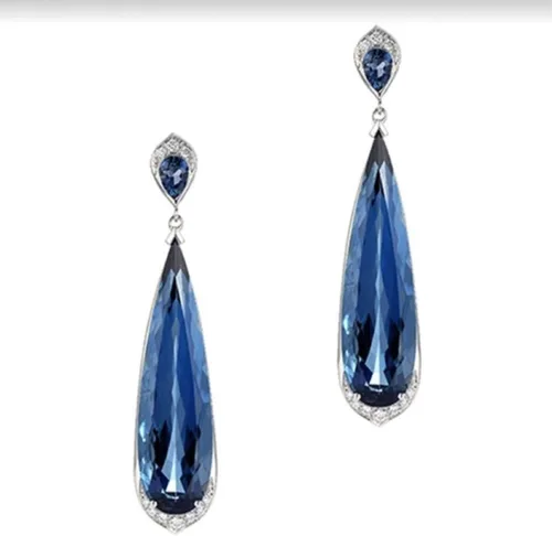 Vista 4 de Pendientes largos de cristal azul con forma de pera, diseño de gancho, estilo bohemio, joyería hecha a mano, excelente libro de moda