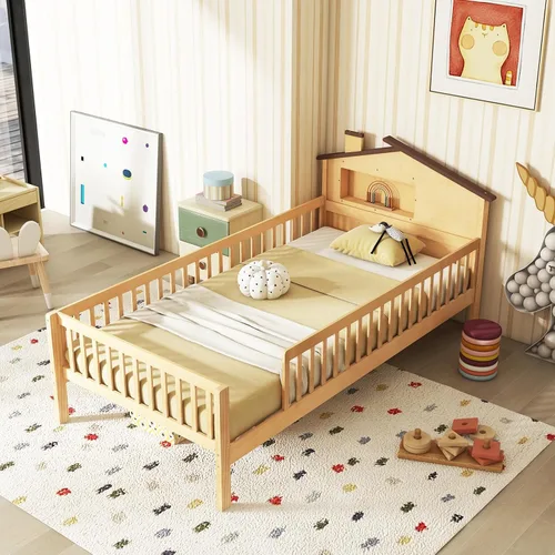 Vista 3 de KOMFOTT Base de cama individual con rieles y cabecera en forma de casa, plataforma de madera maciza con barandillas de seguridad, cubo de Natural