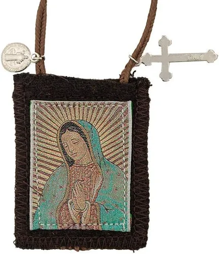 Vista 2 de Venerare Figura Santa Católica Escapulario de San 100% lana Viene con papeles de inscripción (ur Lady of Guadalupe Escapular (fondo dorado))