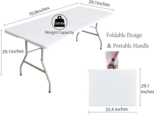 Vista 3 de Mesa plegable de 6 pies x 30 pulgadas, mesas de plástico para uso en interiores y exteriores, para picnic, fiesta, comedor, mesa de uso pesado