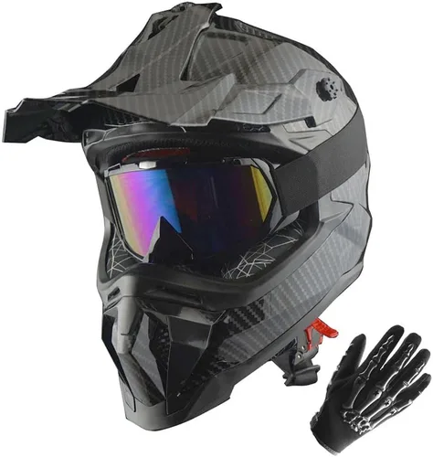 Vista 14 de 1Storm - Casco de motocross para adulto ATV Dirt Bike BMX MX, estilo pista de montaña JH601; paquete de casco de fibra de carbono negro, gafas