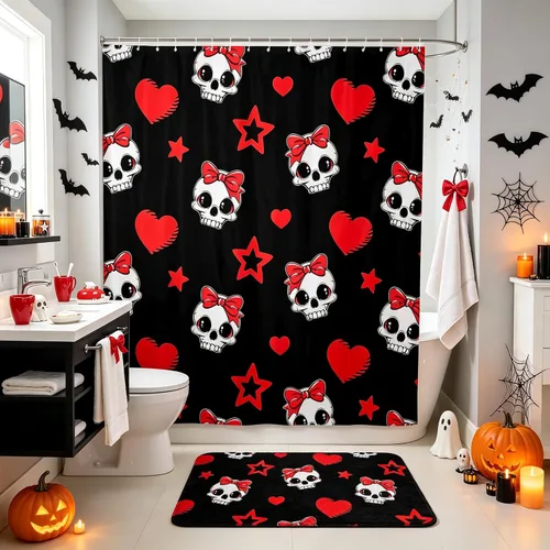 Vista 11 de Happy Halloween Shower Curtain,Bowknot Snowflake Pattern Bathroom Curtains,Sweet Ghost Holiday Theme Waterproof Bath Curtain,Black Bathroom Curtains