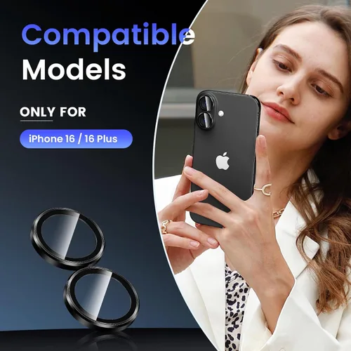 Vista 2 de Tensea Protector de Lente de Cámara para iPhone 16 / iPhone 16 Plus, Protector de Cubierta de Cámara de Vidrio Templado 9H, HD Transparente, Anillo