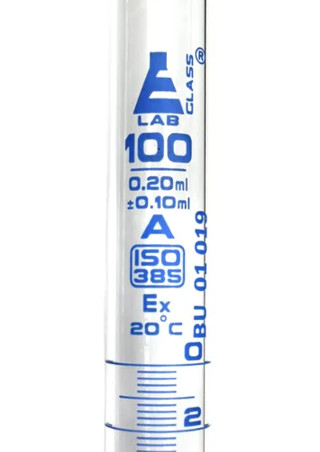 Vista 2 de EISCO Bureta, 3.4 fl oz - Clase A, cumple con DIN 385, vidrio de borosilicato con llave de cristal, graduaciones de 0.0 fl oz