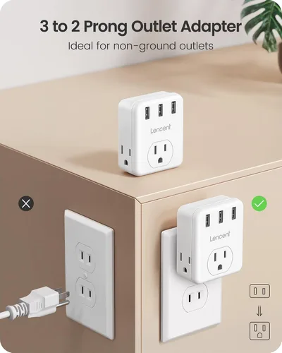 Vista 2 de LENCENT Adaptador de 3 clavijas a 2 clavijas, paquete de 2, extensor de 3 tomas de corriente con 3 puertos USB, cargador de pared, divisor extensor
