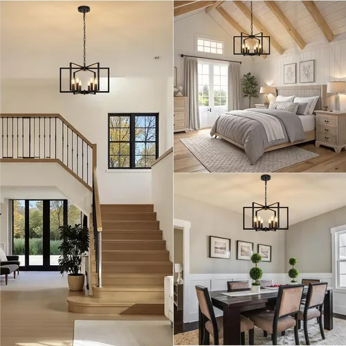 Vista 6 de Candelabro negro de granja, lámpara geométrica de 6 luces para comedor, moderna lámpara de techo industrial de metal, luces colgantes rústicas