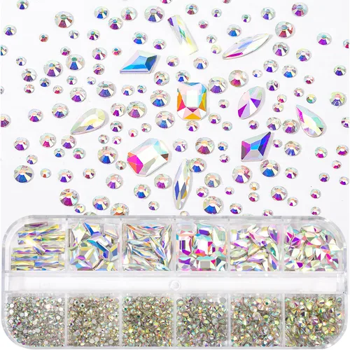 Vista 4 de Kit de diamantes de imitación para uñas, 1500 piezas de diamantes de imitación redondos con parte trasera plana, gemas de uñas AB multiformas, 0.3