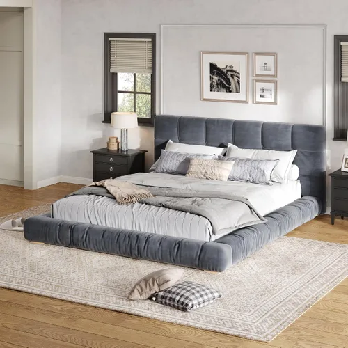 Vista 22 de Base de cama tapizada de terciopelo con cabecera capitoné de canal, cama de perfil bajo tamaño Queen con soporte de listones resistente, no necesita