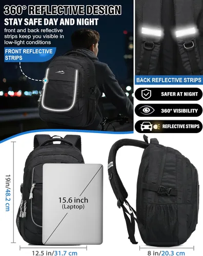 Vista 4 de ProEtrade Mochila para universidad, viajes, negocios, senderismo, apta para laptop de hasta 15.6 pulgadas, Negro, 15,6 pulg., Mochilas Daypack