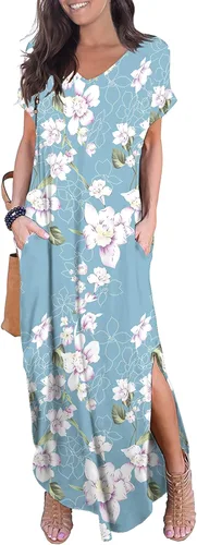 Vista 29 de GRECERELLE - Vestido largo para mujer, holgado, con bolsillos, manga corta y abertura lateral, estilo informal Verde militar