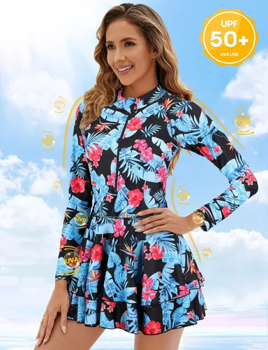 Vista 3 de LURANEE Traje de baño de 2 piezas con cremallera para mujer, traje de baño de manga larga con pantalones cortos para niño y camiseta de natación