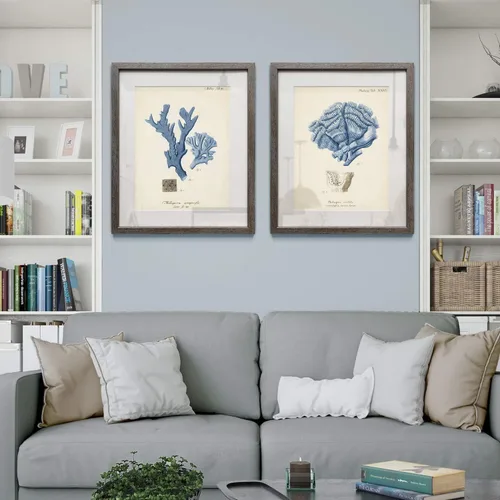 Vista 4 de Renditions Gallery Antique Coral in Navy (1) 2 Piece Framed Artwork Set, Underwater Ocean Themed Pair, Blue, Modern Distressed Silver Frame, White