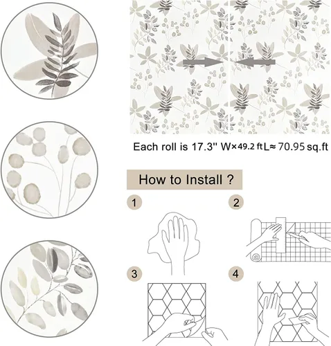 Vista 6 de Caltero Papel tapiz floral beige para despegar y pegar, papel tapiz de hojas de eucalipto de oliva de 17.3 pulgadas, 98.4 pies, papel de contacto