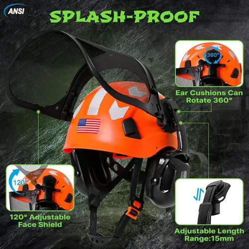Vista 3 de Aolamegs Casco de motosierra con protector facial y orejeras, casco forestal naranja con protección auditiva y máscara de malla completa, casco