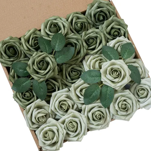 Vista 17 de Flores artificiales, 25 piezas, rosa artificial azul bebé para ramos de boda, centros de mesa, arreglos, flor falsa con tallos para decoración