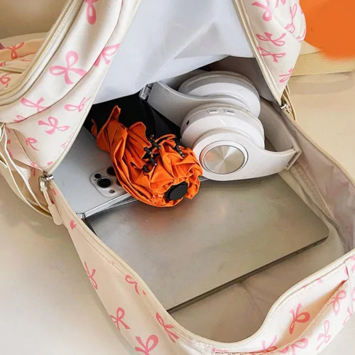 Vista 8 de Juego de 3 bolsas de mochila con lazo, lindo juego de mochila kawaii estética mochila con lazo con organizador integrado, Rosado, Tamaño único