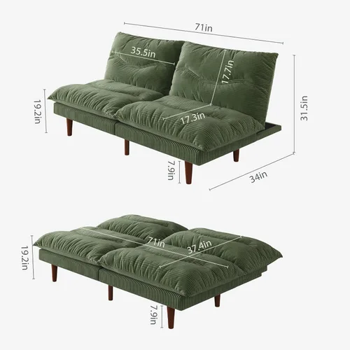Vista 2 de LLappuil Sofá cama futón, sofá futón de 69 pulgadas con respaldo ajustable, sofá cama convertible de pana, reclinable plegable, sofá biplaza
