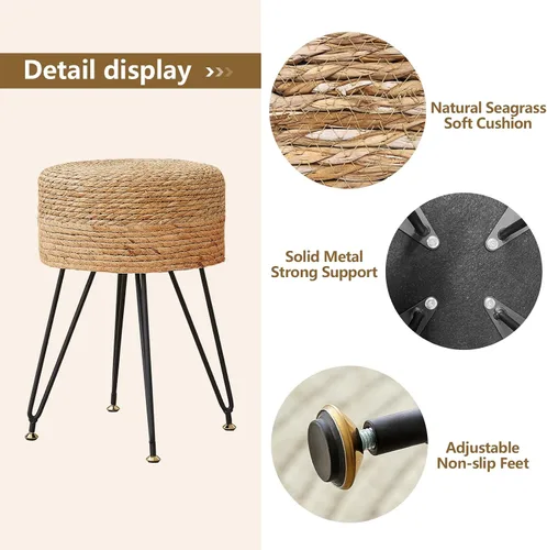 Vista 12 de Taburete de maquillaje de tocador, taburete otomano de hierba marina natural tejido a mano, taburete moderno multifuncional, taburete de tocador