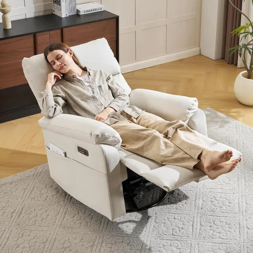 Vista 9 de Silla reclinable eléctrica con soporte lumbar ajustable, sillón reclinable giratorio con reposabrazos sobrerelleno, sillón reclinable para Beige