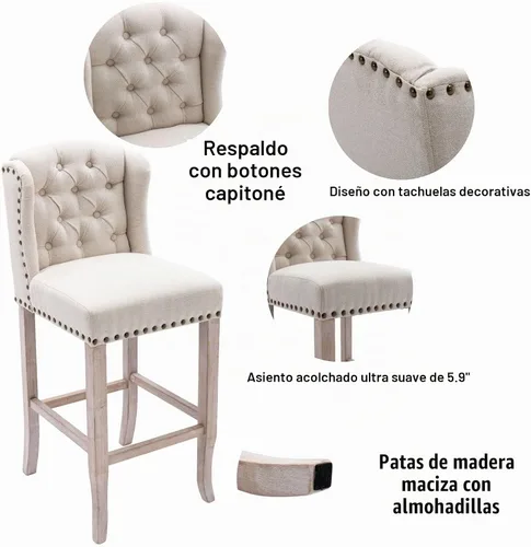 Vista 5 de Juego de 2 taburetes de bar clásicos de lino de 30 pulgadas, sillas de bar altas con respaldo copetudo con botones con patas de madera maciza Beige