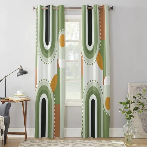 Vista 4 de Libaoge Curtains Panels for Kitchen Mid-Century Modern Art Geometric Abstract Green Window Curtains Light Filtering Grommet Top Drapes for Bedroom