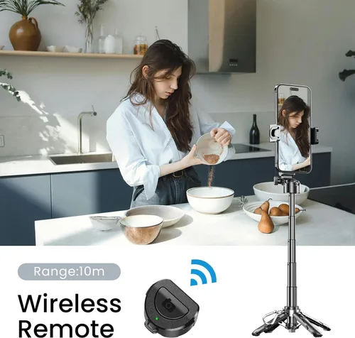 Vista 8 de Trípode portátil para selfie stick con luces de doble llenado y control remoto Bluetooth, trípode de teléfono de tamaño bolsillo 3 en 1 con 2