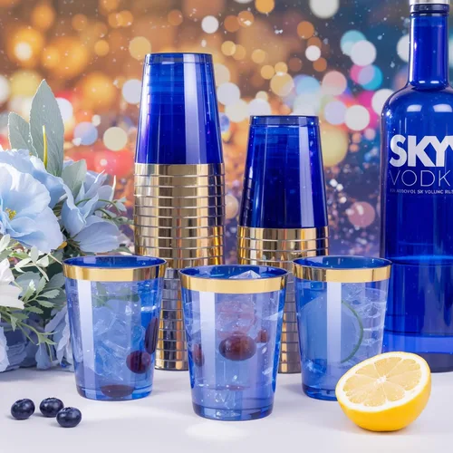 Vista 4 de Supernal 100 piezas de vasos de plástico azules, vasos desechables transparentes azules claros de 10 onzas con borde dorado, vasos de plástico