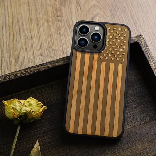 Vista 8 de Carveit - Funda de madera para iPhone 15 Pro Max, la clásica bandera americana, color cereza Magnetic iPhone 15 Pro Max Case Compatible with