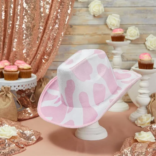 Vista 5 de Zodaca Sombreros de vaquero para mujeres y hombres, talla única, sombrero de vaquera con estampado de vaca rosa, espuma EVA suave y terciopelo