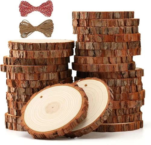 Vista 11 de SENMUT Rebanadas de madera natural, 30 unidades de círculos de madera preperforados de 2.0 a 2.45 pulgadas para manualidades, rebanadas de madera