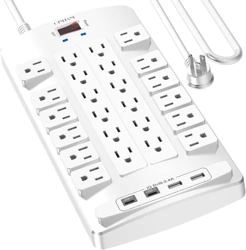 Vista 12 de QINLIANF Protector contra sobretensiones Regleta de enchufes - Cable de extensión de servicio pesado con enchufe plano de 6 pies con 24