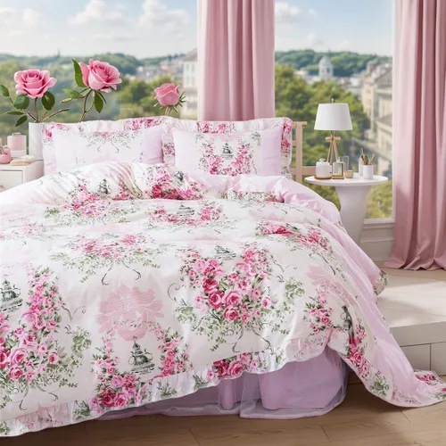Vista 10 de FADFAY Home Textile - Juego de funda de edredón con estampado floral rosa rosa para niñas, 4 piezas, tamaño individual