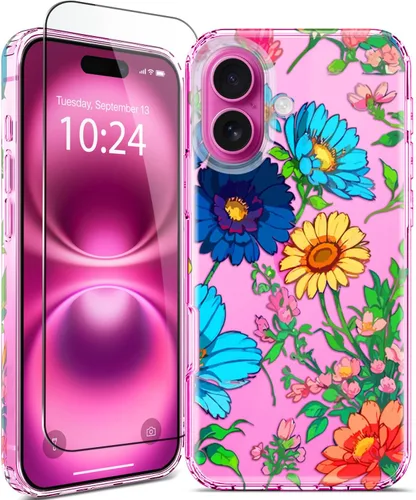 Vista 14 de Funda para iPhone 16, con protector de pantalla, linda para mujeres y niñas, funda protectora de grado militar de 10 pies para iPhone 16, funda