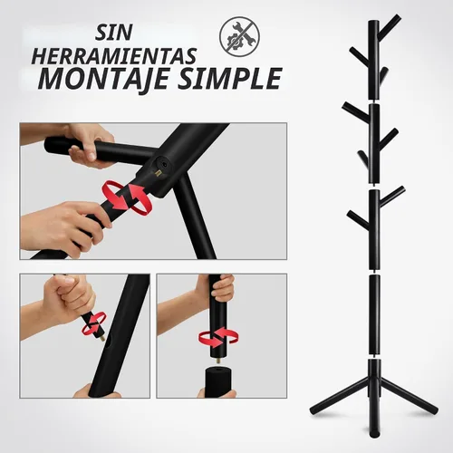 Vista 6 de Unisakey Perchero de madera duradero, perchero independiente con base triangular estable, 8 ganchos y 3 alturas ajustables, montaje simple