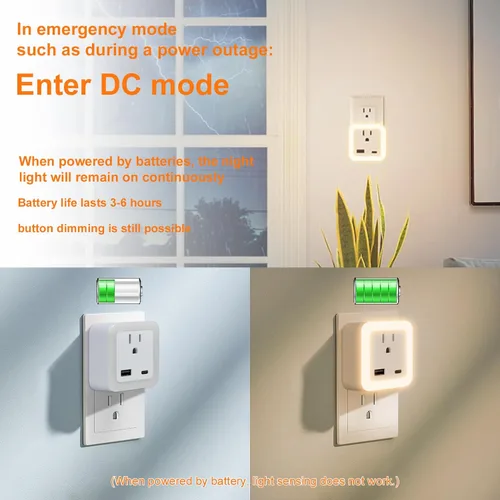 Vista 5 de Luces nocturnas enchufables a la pared, paquete de 2 luces de reserva con batería recargable, sensor de atardecer a amanecer, luz nocturna