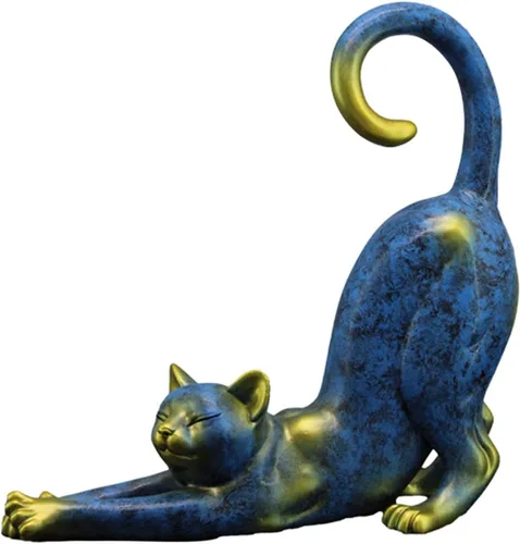 Vista 2 de Figuras de gato preciosa estatua de gato animal escultura adornos para el hogar, dormitorio, sala de estar, jardín, oficina, color azul