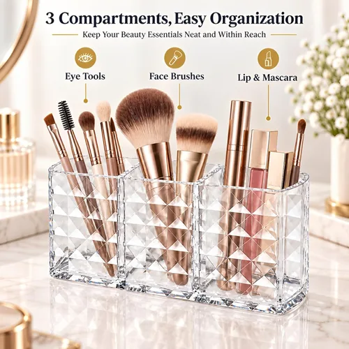 Vista 5 de MOSIKER Soporte para brochas de maquillaje para tocador, acrílico transparente, pequeño, compacto, delineador de labios, delineador de labios