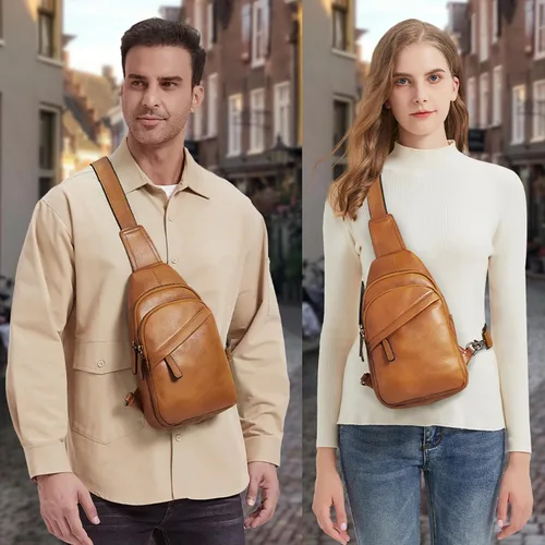 Vista 7 de Bolso de cuero genuino para hombres y mujeres, mochila de cuero vintage, bolso cruzado de hombro a la moda