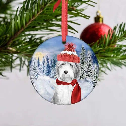 Vista 4 de Adorno de Navidad 2021 Perro Coton De Tulear Santa Porcelana Adorno de Navidad Coton De Tulear Cachorro Mascota Adornos de Árbol de Navidad Redondo