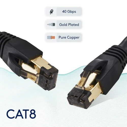 Vista 3 de Cable Ethernet Cat 8 Red Patch Azul 7ft 40Gbps, 2000Mhz Cobre 26AWG S/FTP Cable de rendimiento blindado de alta velocidad, conector RJ45 chapado