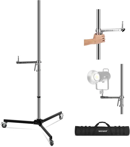 Vista 9 de NEEWER Soporte para luz de acero inoxidable de 198 cm/6.5 pies, soporte de trípode resistente con ruedas con rodamientos, 2 brazos deslizantes