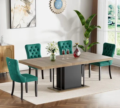 Vista 30 de Juego de mesa de comedor extensible de 5 piezas, juego de mesa de comedor extensible de estilo granja para 4, mesa de cocina expandible de madera