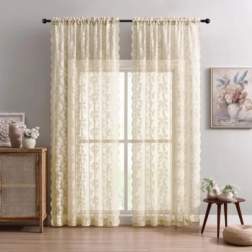 Vista 29 de Cortinas de encaje floral victoriano transparentes - 45 pulgadas de largo, 2 paneles, bolsillo para barra de cocina estilo cafetería, filtro de luz