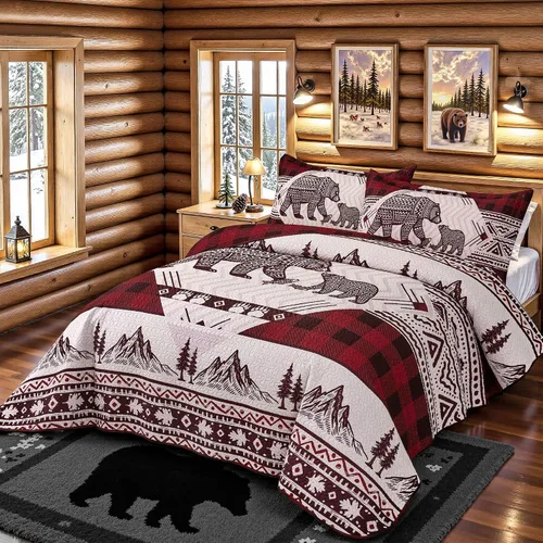 Vista 3 de Juego de 3 piezas de colcha tamaño King para cabaña, reversible, navideño, rústico, de microfibra, suave, ligera, de granja, con 2 fundas de 2-Oso