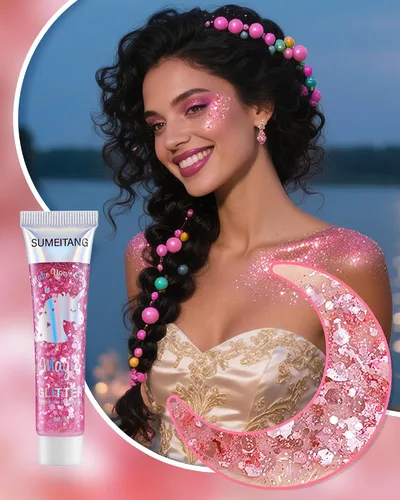 Vista 4 de Gel con purpurina para la cara y el cuerpo, 6 colores, con lentejuelas gruesas holográficas, pintura para fiestas, cantantes, conciertos, festivales