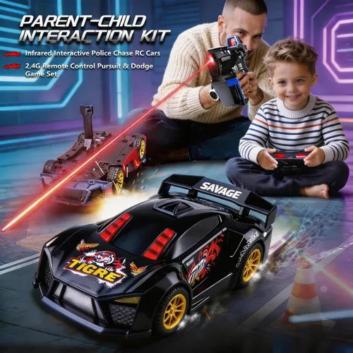 Vista 5 de Coche de deriva RC 3 en 1: juego de batalla para 2 jugadores deportivos/carreras con pistola infrarroja, efectos de disparo y giro, tiempo de juego