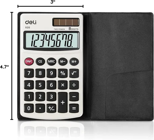 Vista 8 de Calculadora, Calculadoras Básicas de Función Estándar Deli, Calculadora de Oficina de Energía Dual Solar y Batería con Cubierta, Panel de Metal