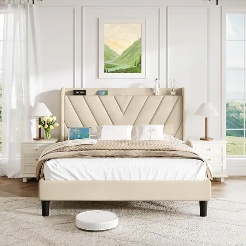 Vista 9 de koorlian Marco de cama tamaño matrimonial, Marco de cama tamaño matrimonial con cabecero, Marco de cama tapizado ajustable con puerto tipo C y USB